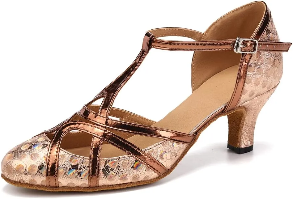 Women PU Ballroom Dancing Shoes Close Toe Latin Salsa Waltz Tango Dance Shoes with T Straps