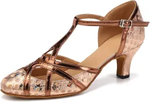 Women PU Ballroom Dancing Shoes Close Toe Latin Salsa Waltz Tango Dance Shoes with T Straps