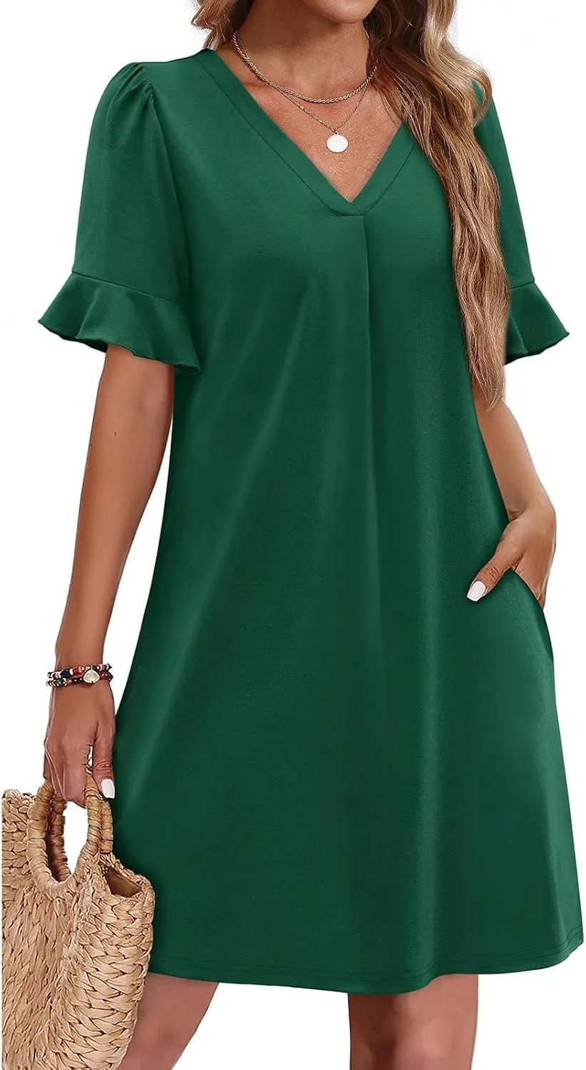 Women Ruffle Short Sleeve Mini Dress Summer V Neck Pleated Dresses Dressy Casual Business Short Dresses with Pocket