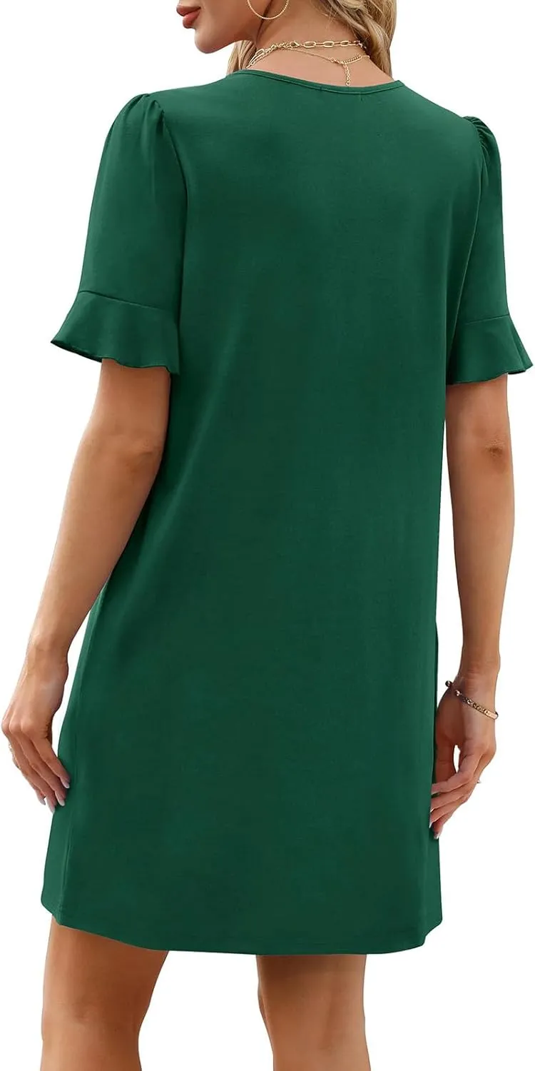 Women Ruffle Short Sleeve Mini Dress Summer V Neck Pleated Dresses Dressy Casual Business Short Dresses with Pocket