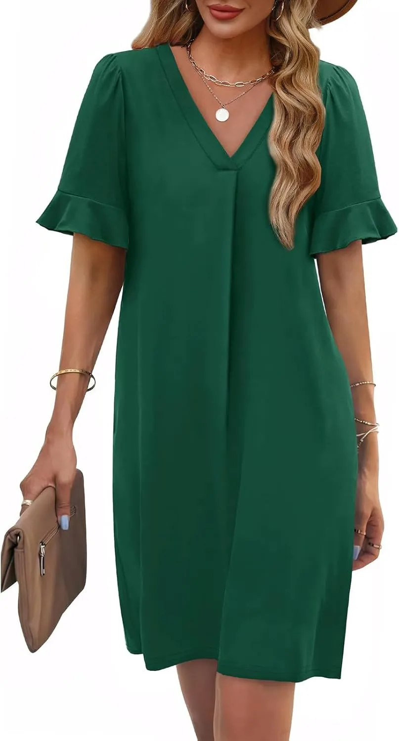 Women Ruffle Short Sleeve Mini Dress Summer V Neck Pleated Dresses Dressy Casual Business Short Dresses with Pocket