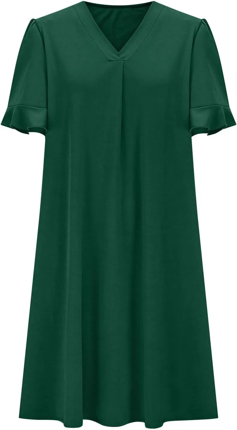 Women Ruffle Short Sleeve Mini Dress Summer V Neck Pleated Dresses Dressy Casual Business Short Dresses with Pocket