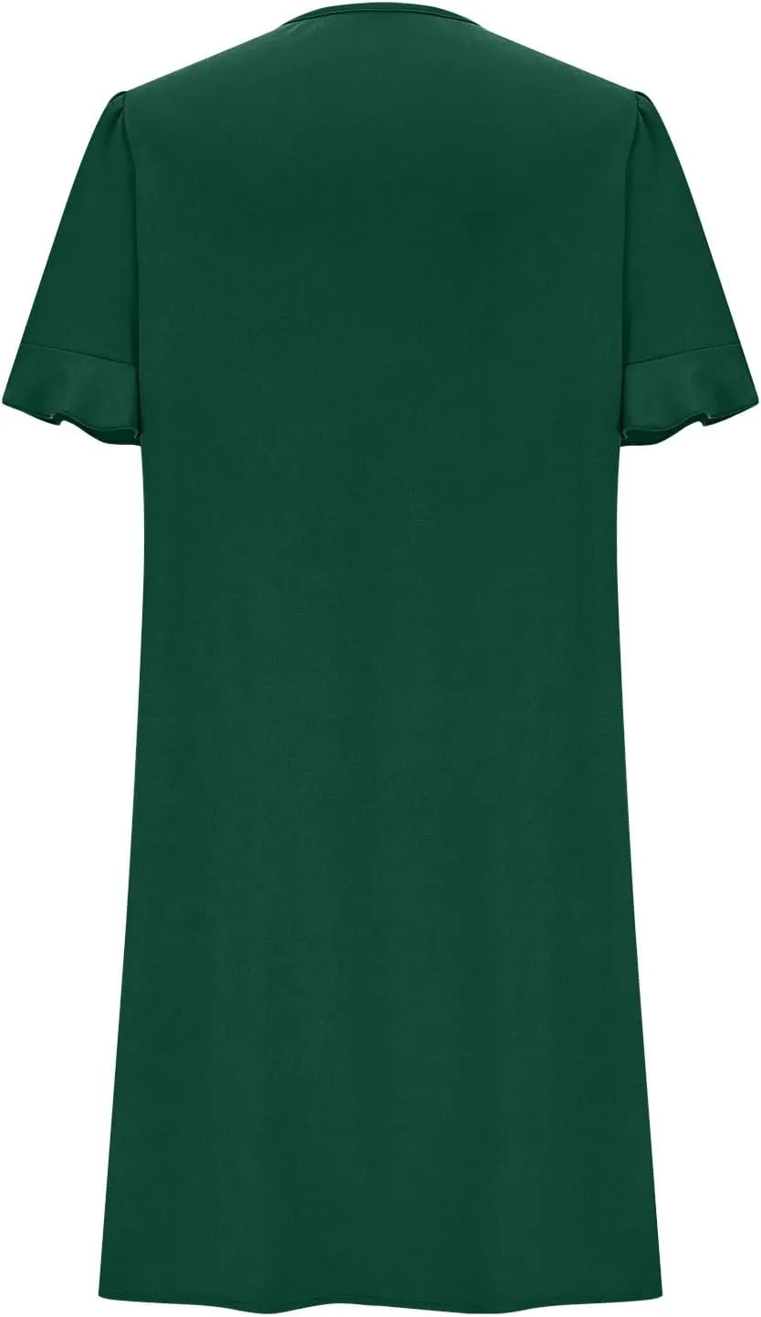 Women Ruffle Short Sleeve Mini Dress Summer V Neck Pleated Dresses Dressy Casual Business Short Dresses with Pocket