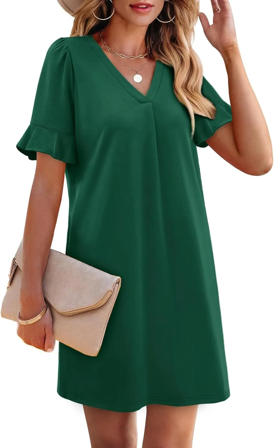 Women Ruffle Short Sleeve Mini Dress Summer V Neck Pleated Dresses Dressy Casual Business Short Dresses with Pocket