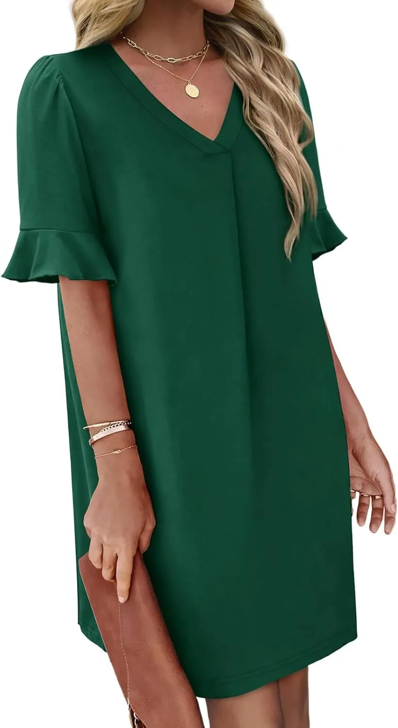 Women Ruffle Short Sleeve Mini Dress Summer V Neck Pleated Dresses Dressy Casual Business Short Dresses with Pocket