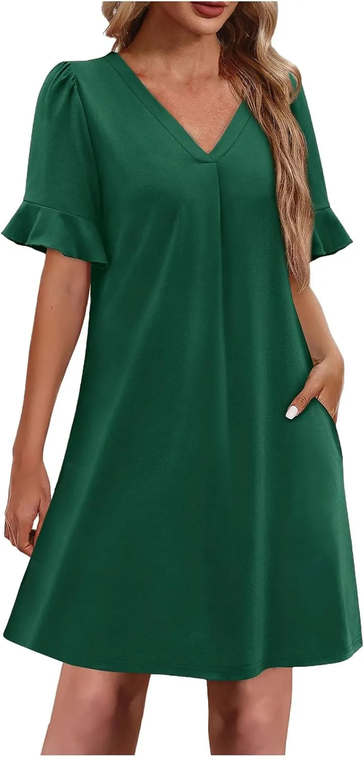 Women Ruffle Short Sleeve Mini Dress Summer V Neck Pleated Dresses Dressy Casual Business Short Dresses with Pocket