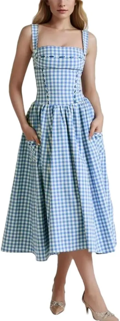 Women Sexy Plaid Slash Collar Tank Dress Cross Ribbon Eyelet Hole Slim Low Waist Folds Hem A-Line Swing Robe