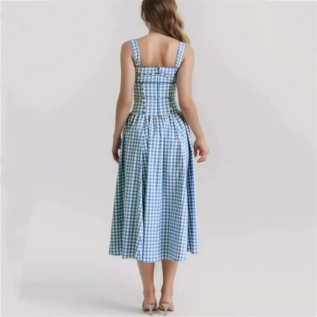 Women Sexy Plaid Slash Collar Tank Dress Cross Ribbon Eyelet Hole Slim Low Waist Folds Hem A-Line Swing Robe