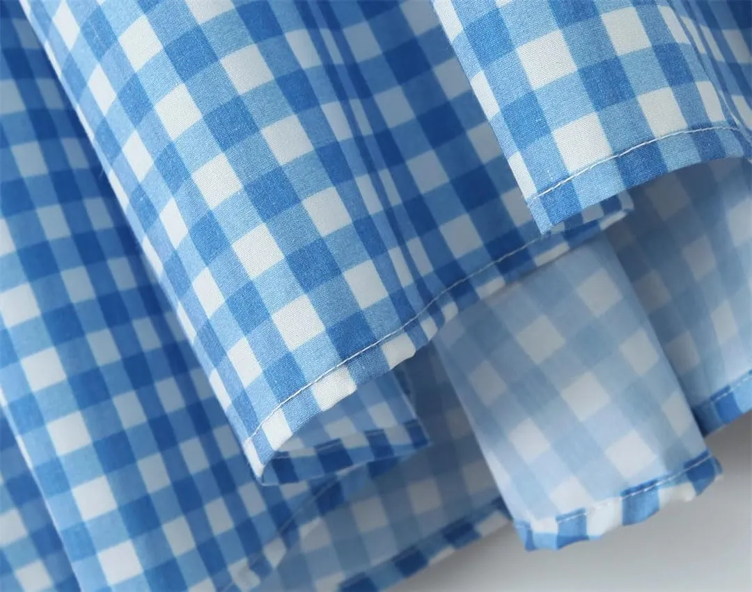 Women Sexy Plaid Slash Collar Tank Dress Cross Ribbon Eyelet Hole Slim Low Waist Folds Hem A-Line Swing Robe