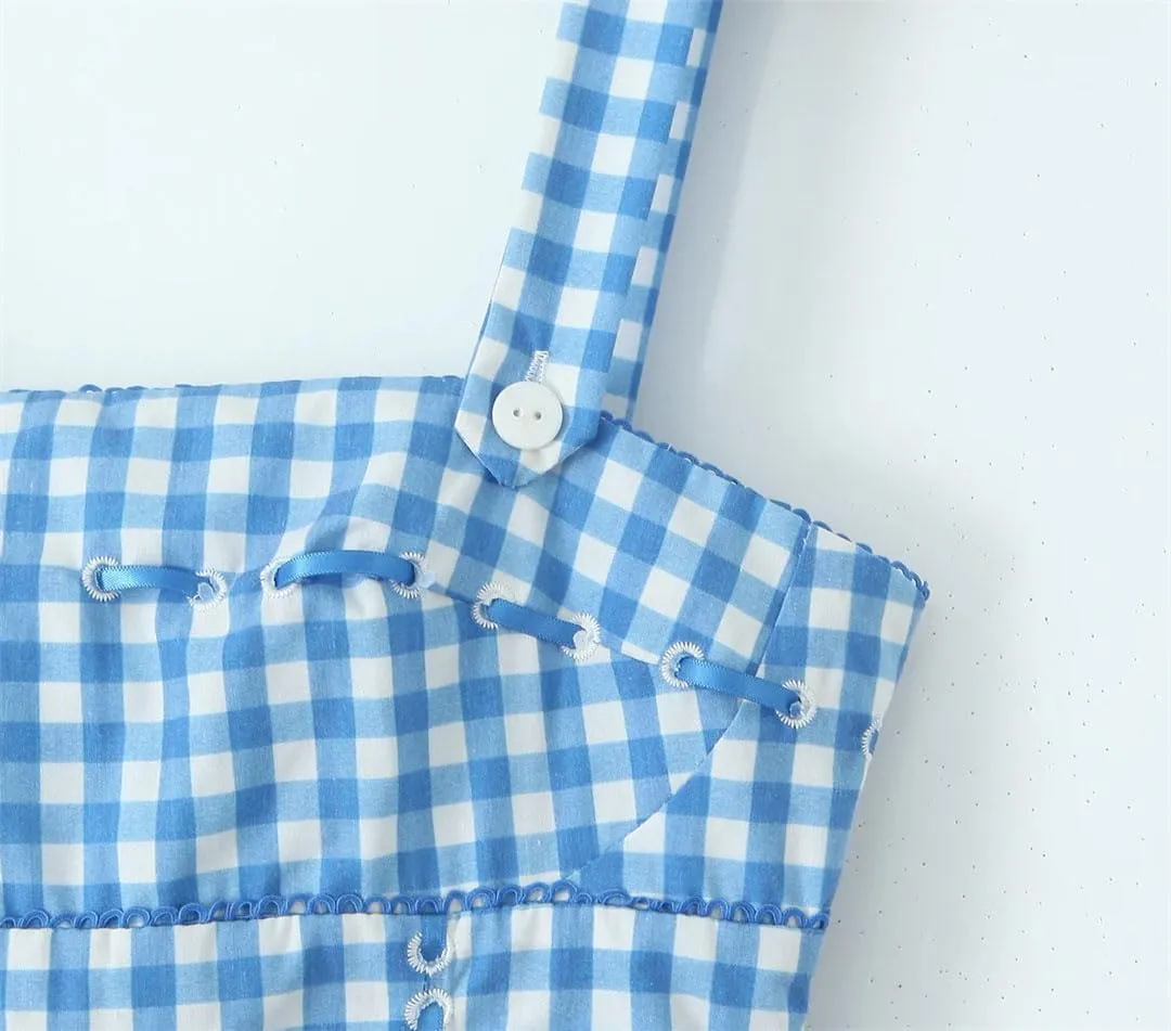Women Sexy Plaid Slash Collar Tank Dress Cross Ribbon Eyelet Hole Slim Low Waist Folds Hem A-Line Swing Robe