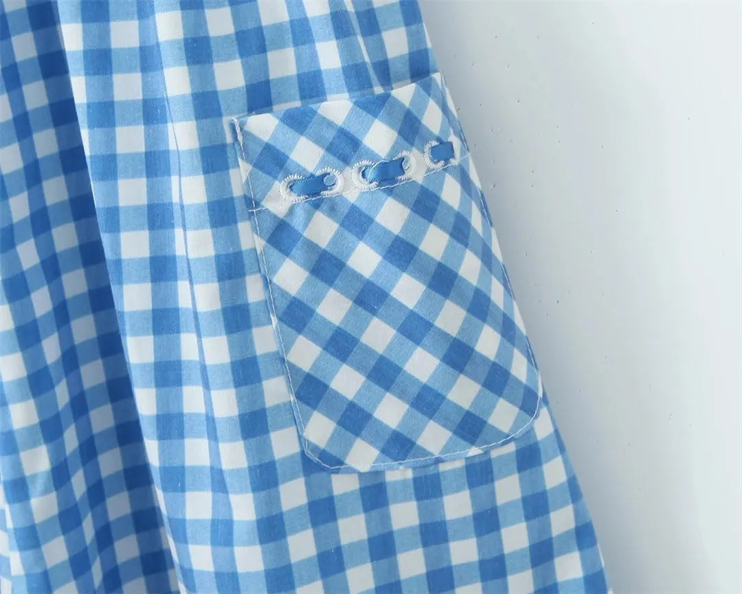 Women Sexy Plaid Slash Collar Tank Dress Cross Ribbon Eyelet Hole Slim Low Waist Folds Hem A-Line Swing Robe
