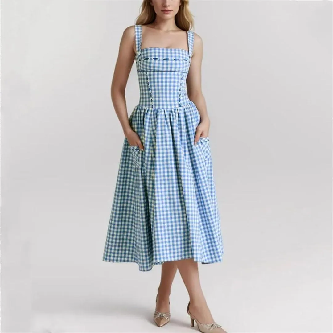 Women Sexy Plaid Slash Collar Tank Dress Cross Ribbon Eyelet Hole Slim Low Waist Folds Hem A-Line Swing Robe