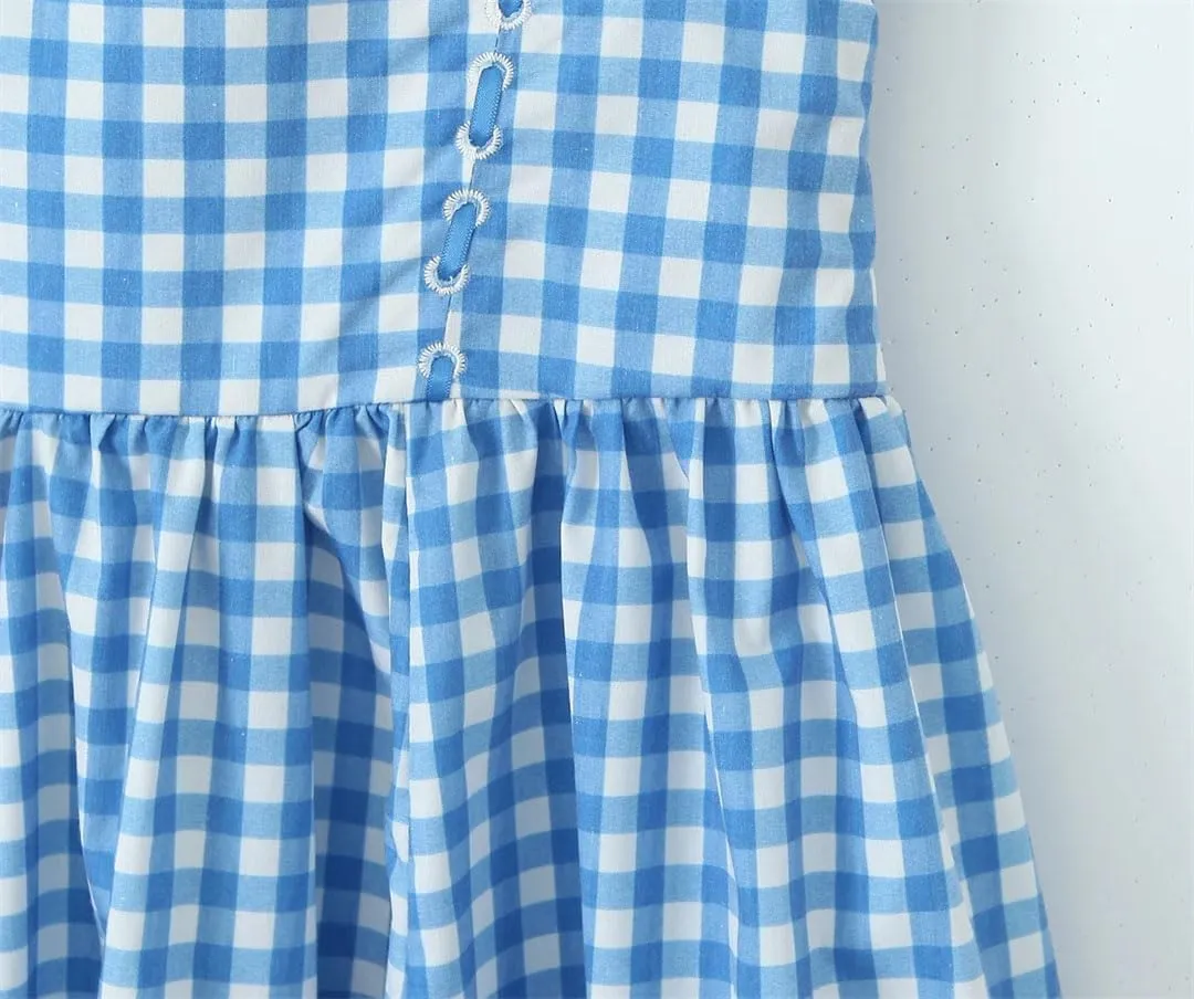 Women Sexy Plaid Slash Collar Tank Dress Cross Ribbon Eyelet Hole Slim Low Waist Folds Hem A-Line Swing Robe