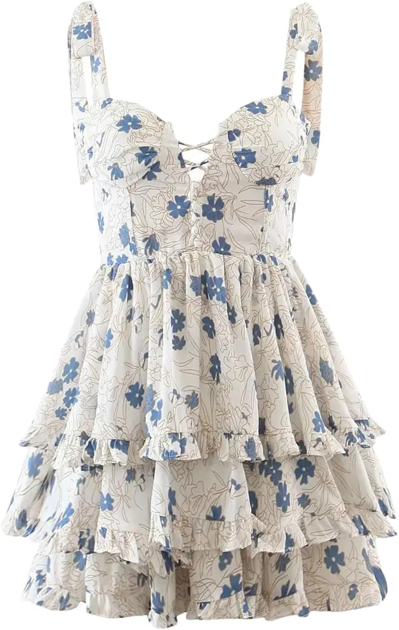 Women Slip Dress Floral Print Layer Ruffle Mini Dress Holiday Party Short Robe