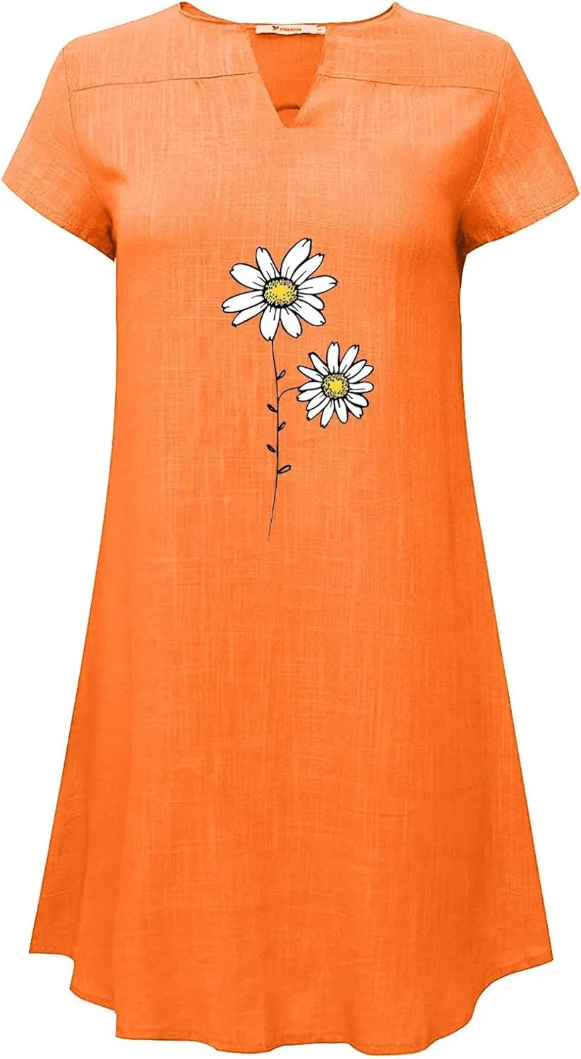 Women Summer Shirt Dress Short Sleeve Floral Printed Mini Dresses Casual Loose Cotton Linen Beach Vacation Sundress