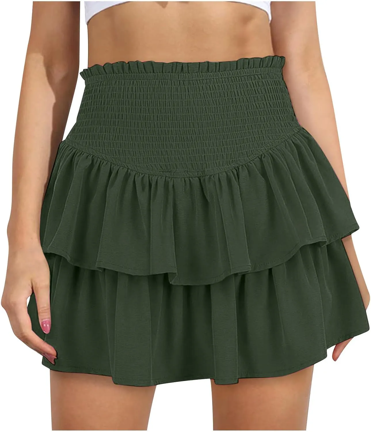 Women Summer Tiered Short Skirt with Shorts, Smocked High Waisted Ruffle Mini Skirts Teen Girls Cute Casual Skirts