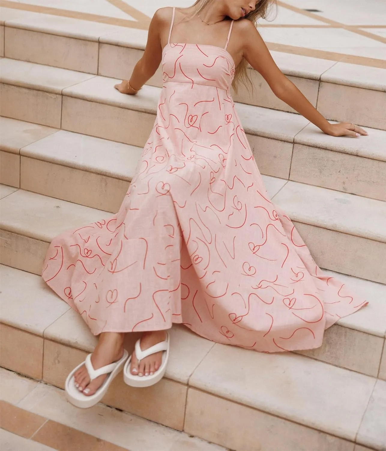 Women Summer Y2k Boho Maxi Dress Graffiti Spaghetti Strap Long Dress Causal Backless Flowy Beach Sundress