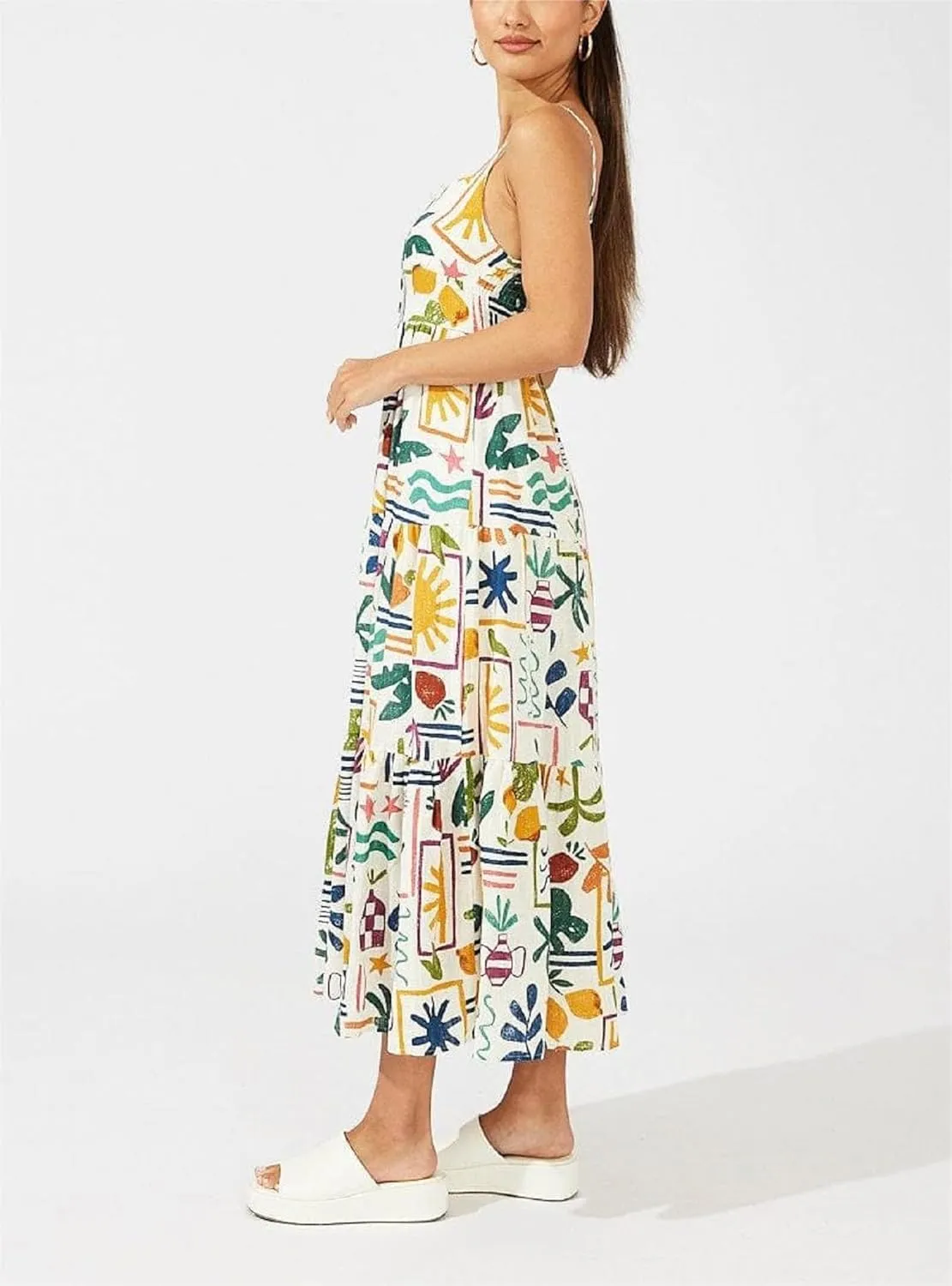 Women Summer Y2k Boho Maxi Dress Graffiti Spaghetti Strap Long Dress Causal Backless Flowy Beach Sundress