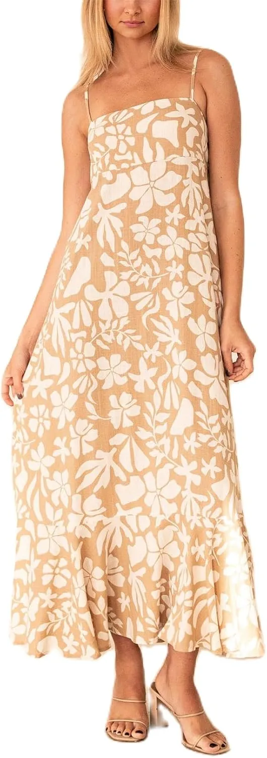 Women Summer Y2k Boho Maxi Dress Graffiti Spaghetti Strap Long Dress Causal Backless Flowy Beach Sundress