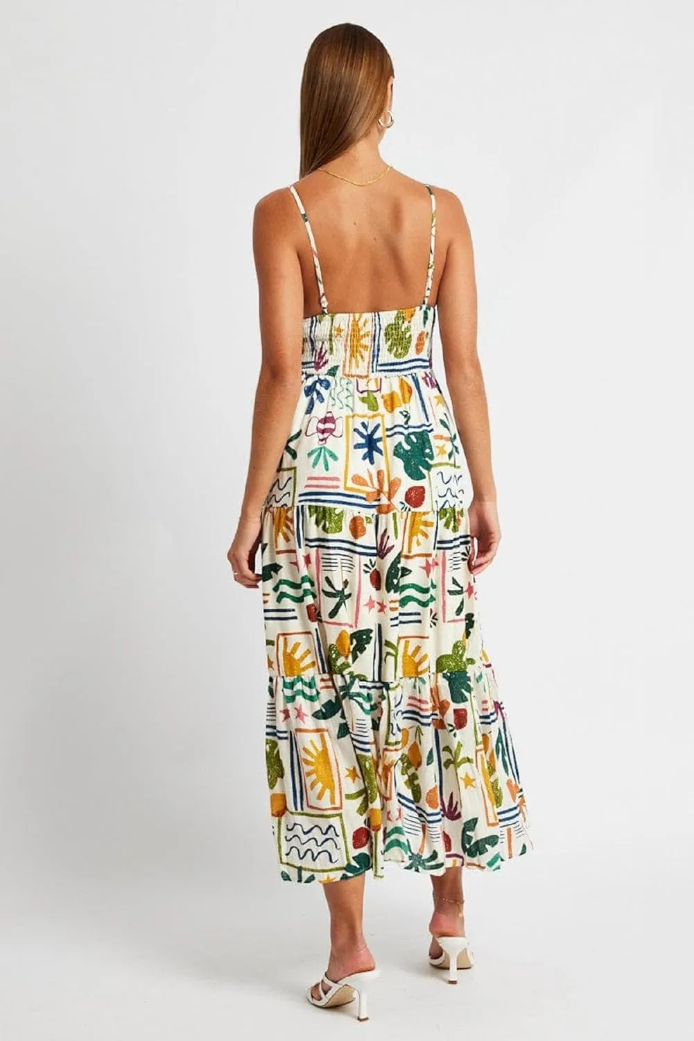 Women Summer Y2k Boho Maxi Dress Graffiti Spaghetti Strap Long Dress Causal Backless Flowy Beach Sundress