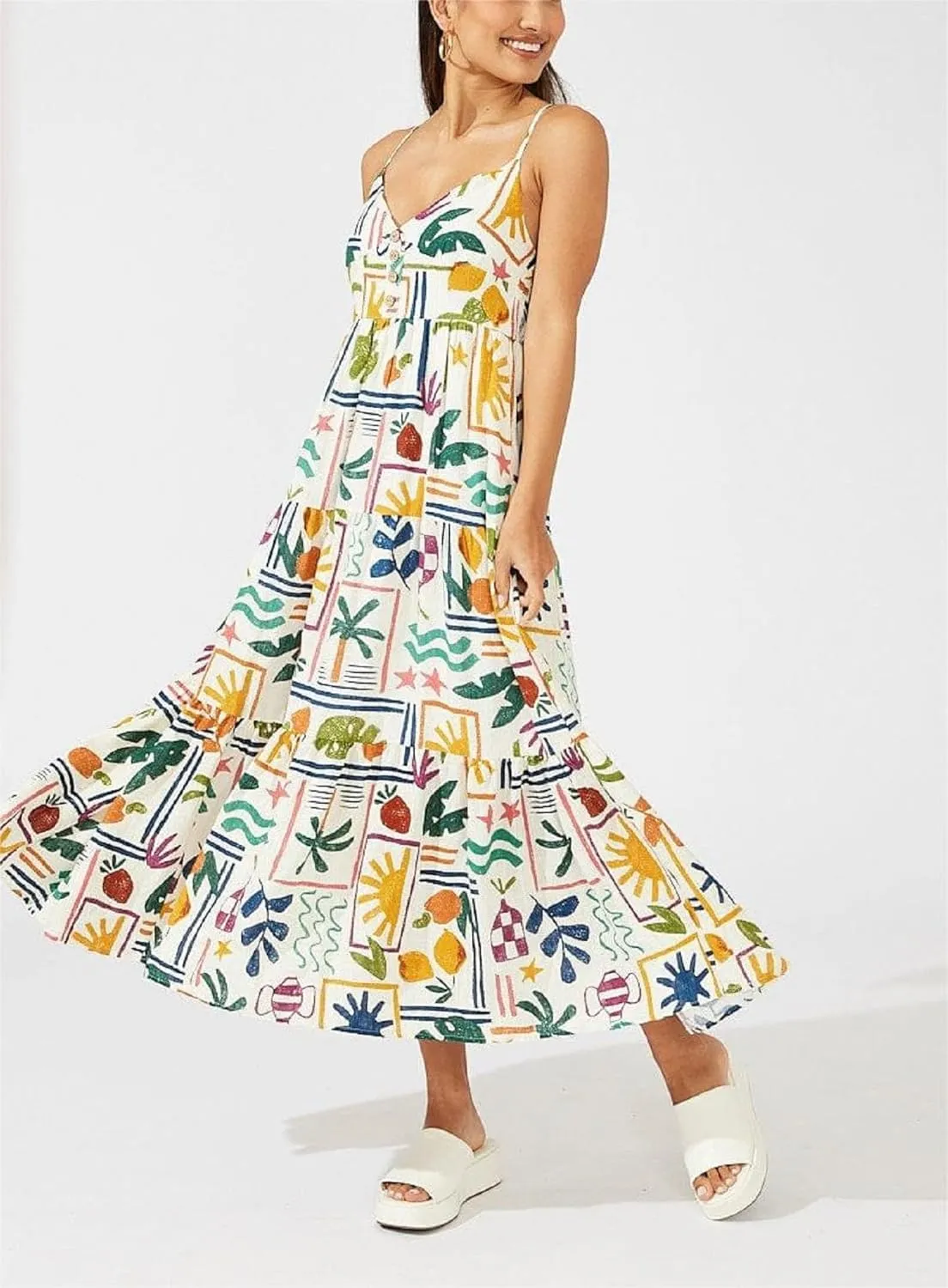 Women Summer Y2k Boho Maxi Dress Graffiti Spaghetti Strap Long Dress Causal Backless Flowy Beach Sundress