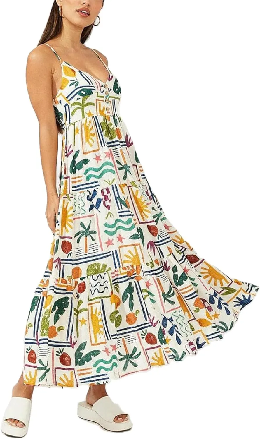 Women Summer Y2k Boho Maxi Dress Graffiti Spaghetti Strap Long Dress Causal Backless Flowy Beach Sundress