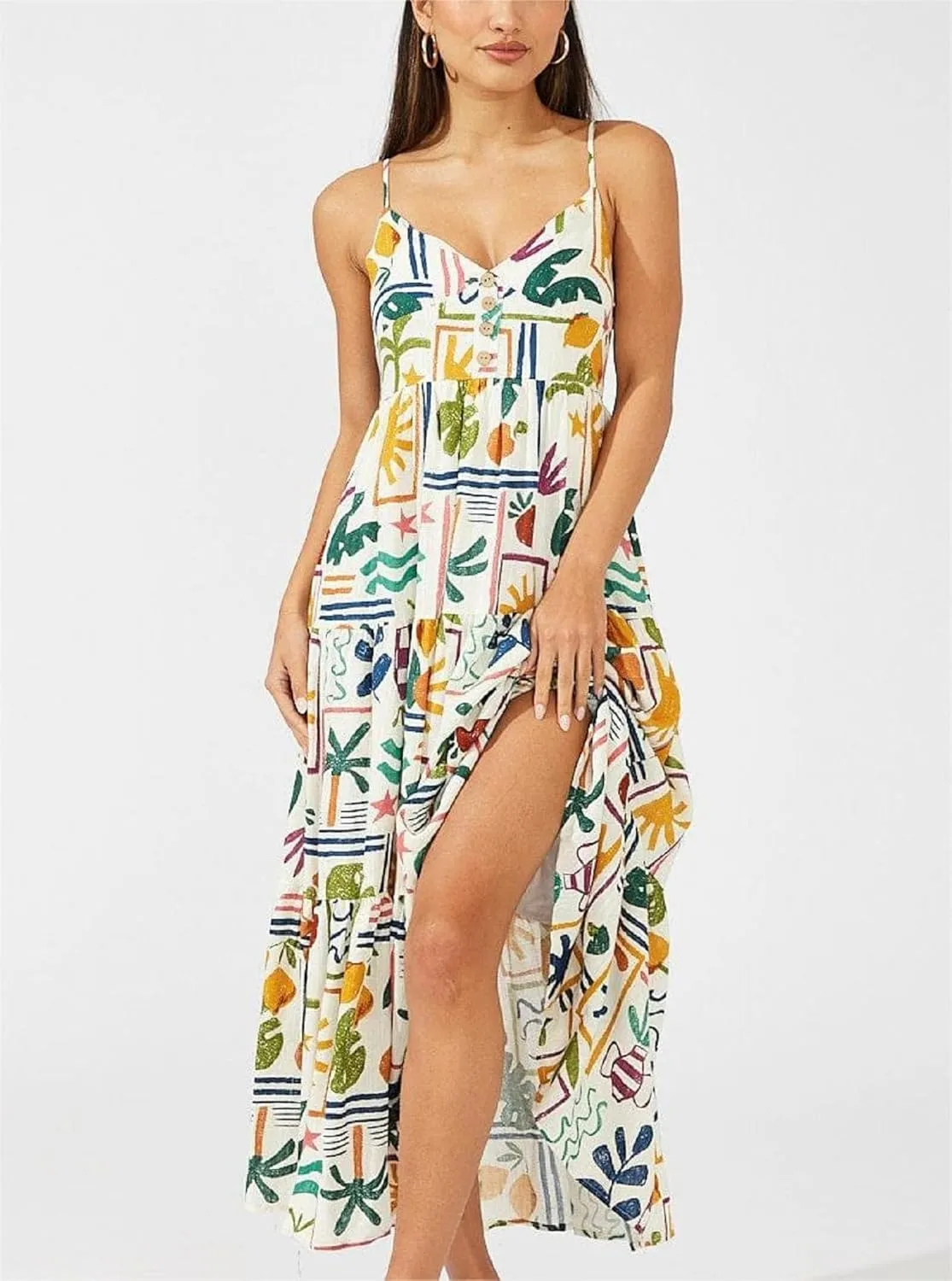Women Summer Y2k Boho Maxi Dress Graffiti Spaghetti Strap Long Dress Causal Backless Flowy Beach Sundress