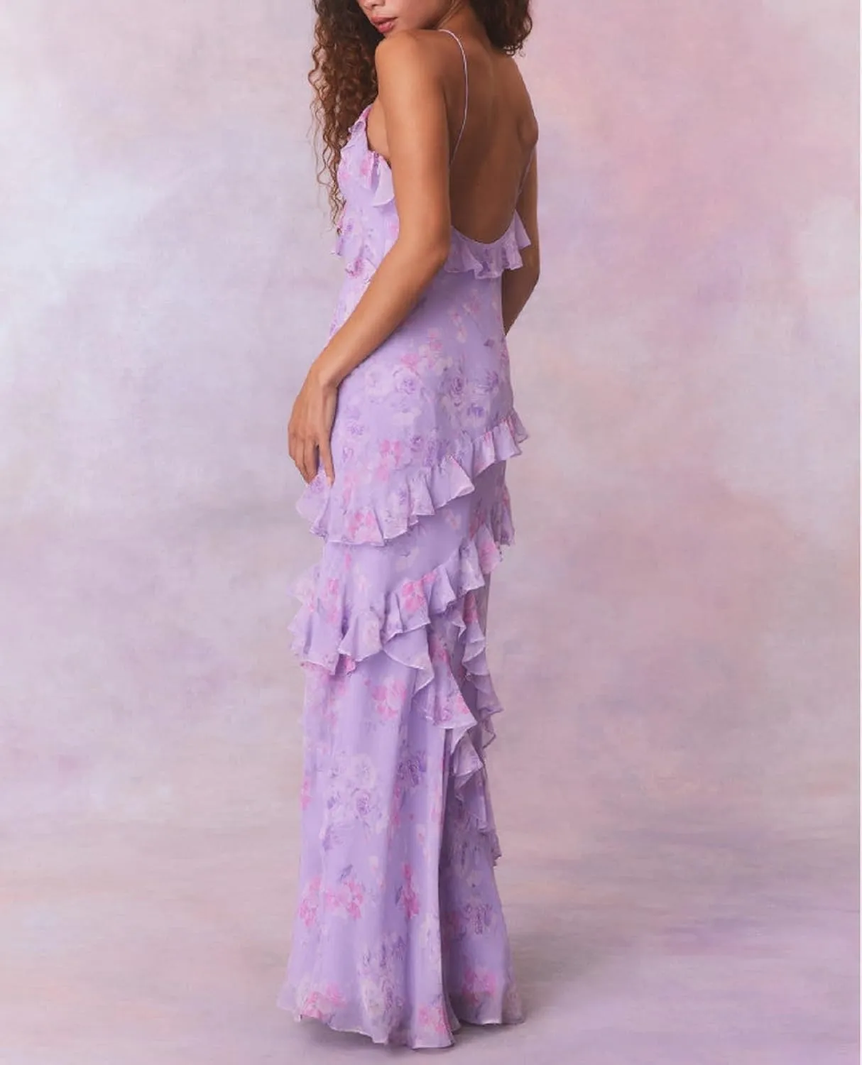 Women Y2K Floral Smocked Maxi Dress V Neck Patchwork Lace Flowy Cami Long Dress Cute Boho Tiered Beach Sundress