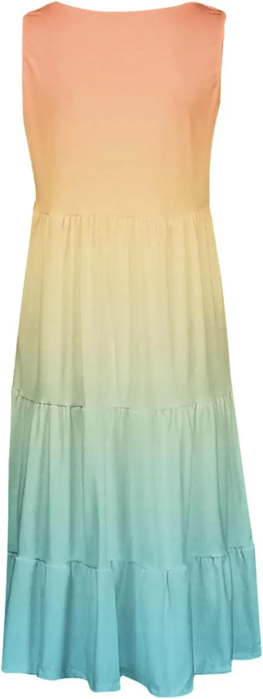 Womens 2025 Summer Casual Boho Dresses Sleeveless Color Block Ruffle Tiered Sundresses Cute Crew Neck Mini Dress