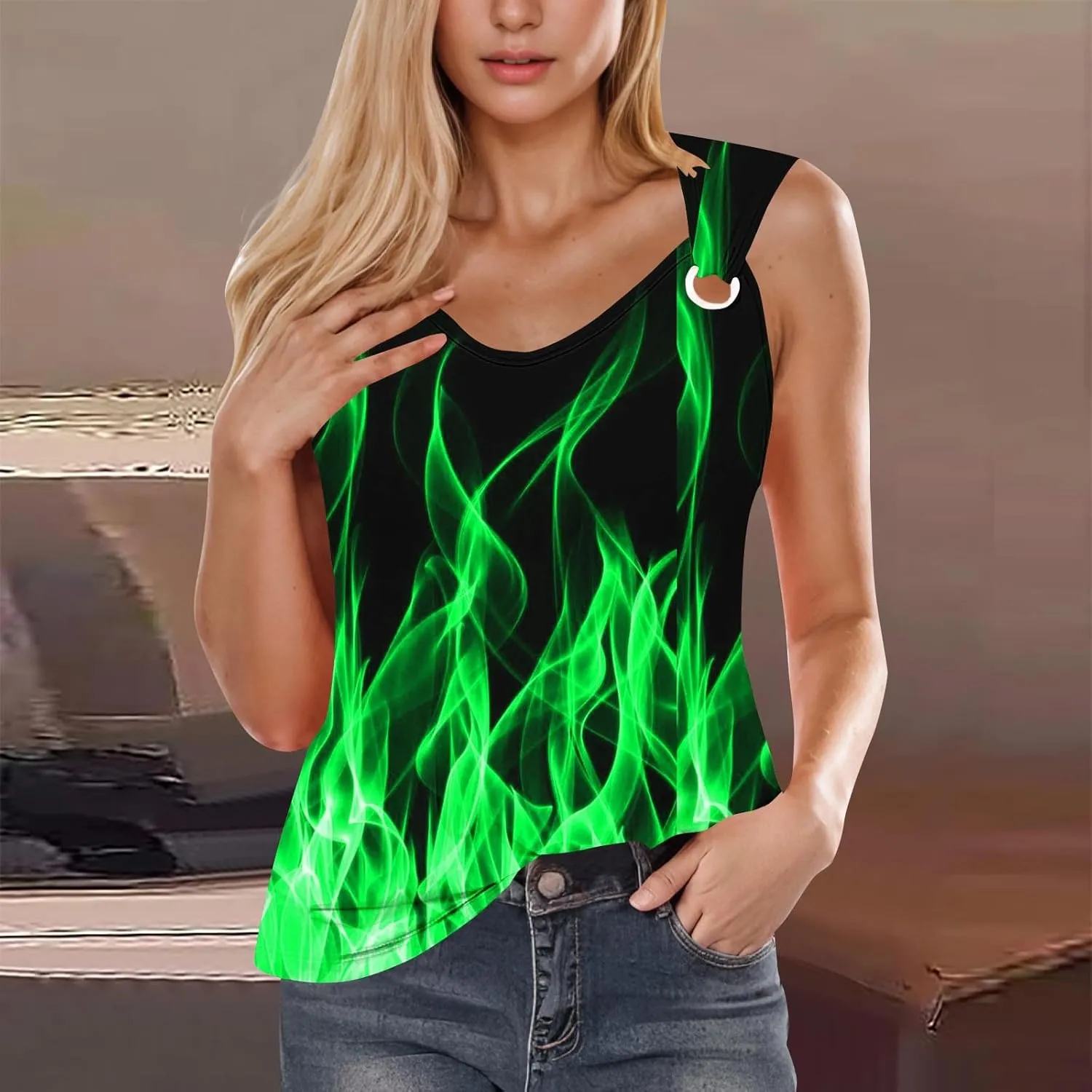 Women's 3D Flame Print Tank Tops Ring Linked V Neck Tanks Soft Sleeveless Cami Vest Shirts Novelty Graphic Tees