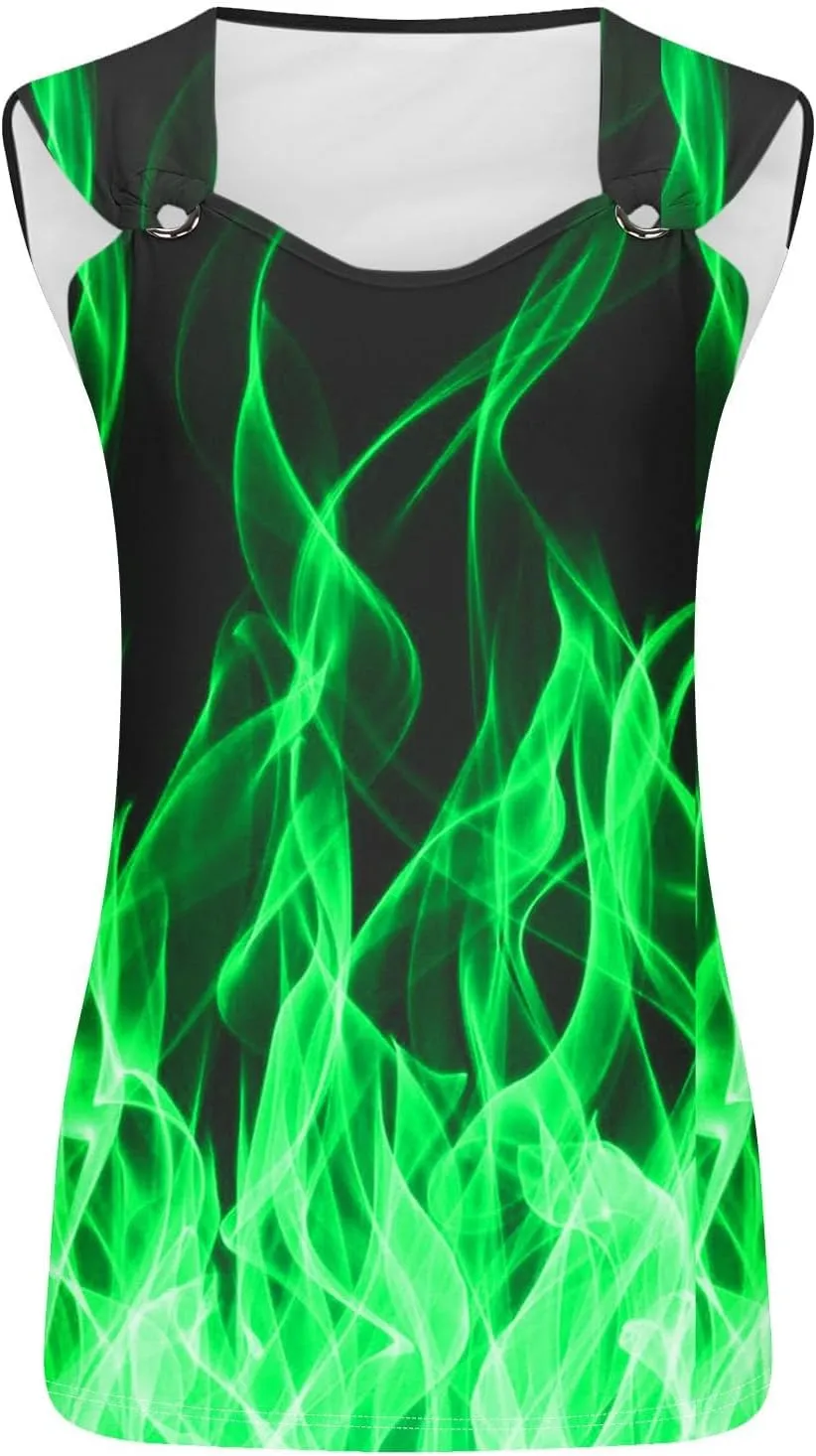 Women's 3D Flame Print Tank Tops Ring Linked V Neck Tanks Soft Sleeveless Cami Vest Shirts Novelty Graphic Tees