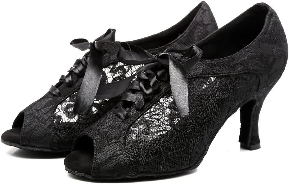 Women's Ballroom Dance Shoes Low Heel Lace Up Open Toe Salsa Latin Practice Performance Dance Shoes