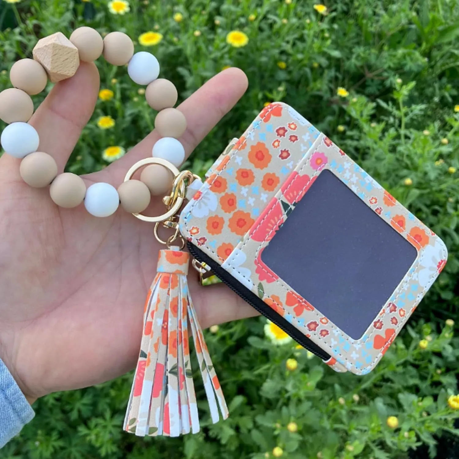 Women's Boho Beaded Wallet, Boho Style Beaded and Tassel Wristlet Keychain for Women, For Women Card Case Keychain with Wallet (1)