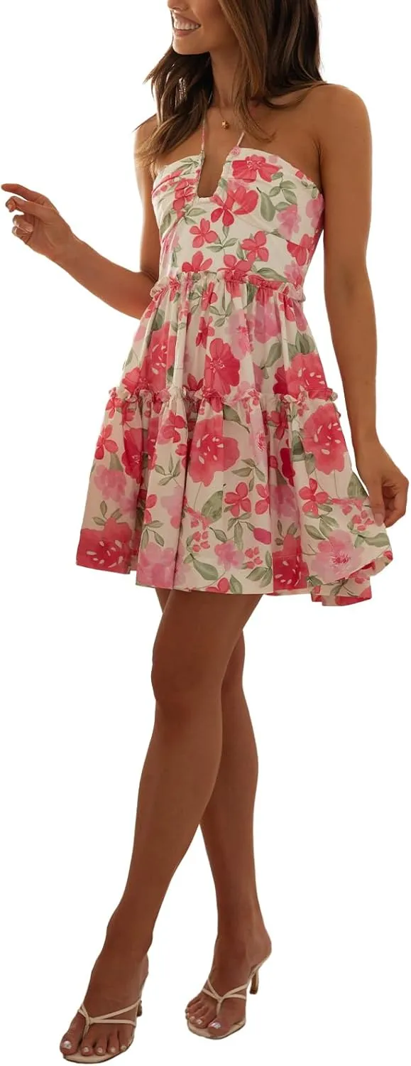 Women's Boho Halter Mini Dress Sexy Deep V Neck Backless Ruffle Sleeveless Flowy Summer Beach Dresses