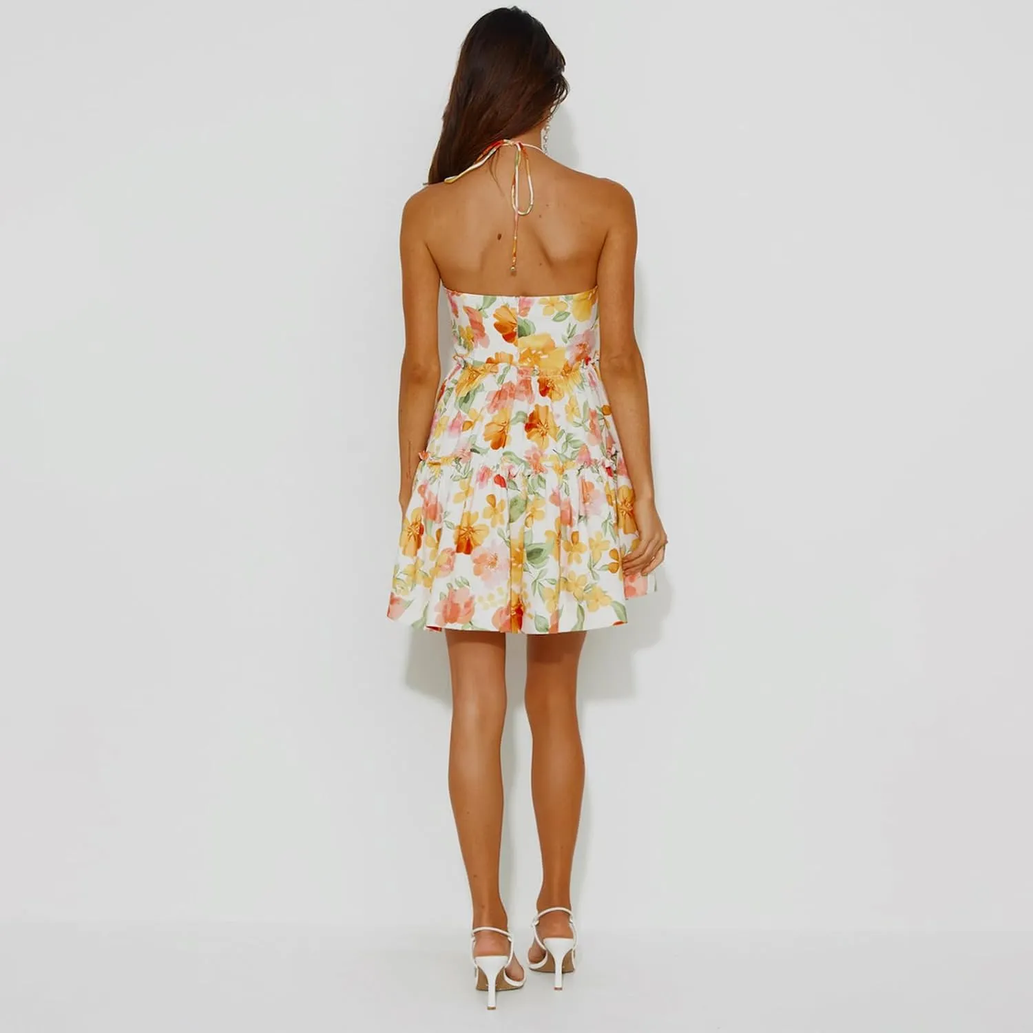 Women's Boho Halter Mini Dress Sexy Deep V Neck Backless Ruffle Sleeveless Flowy Summer Beach Dresses