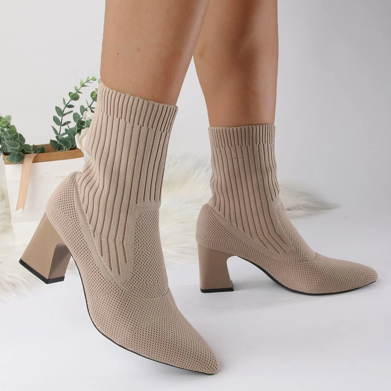 Womens Boots Solid Color Thick Heels Insulated Warm Boots for Women Knitted Elastic Soft Socks Fashion Boots