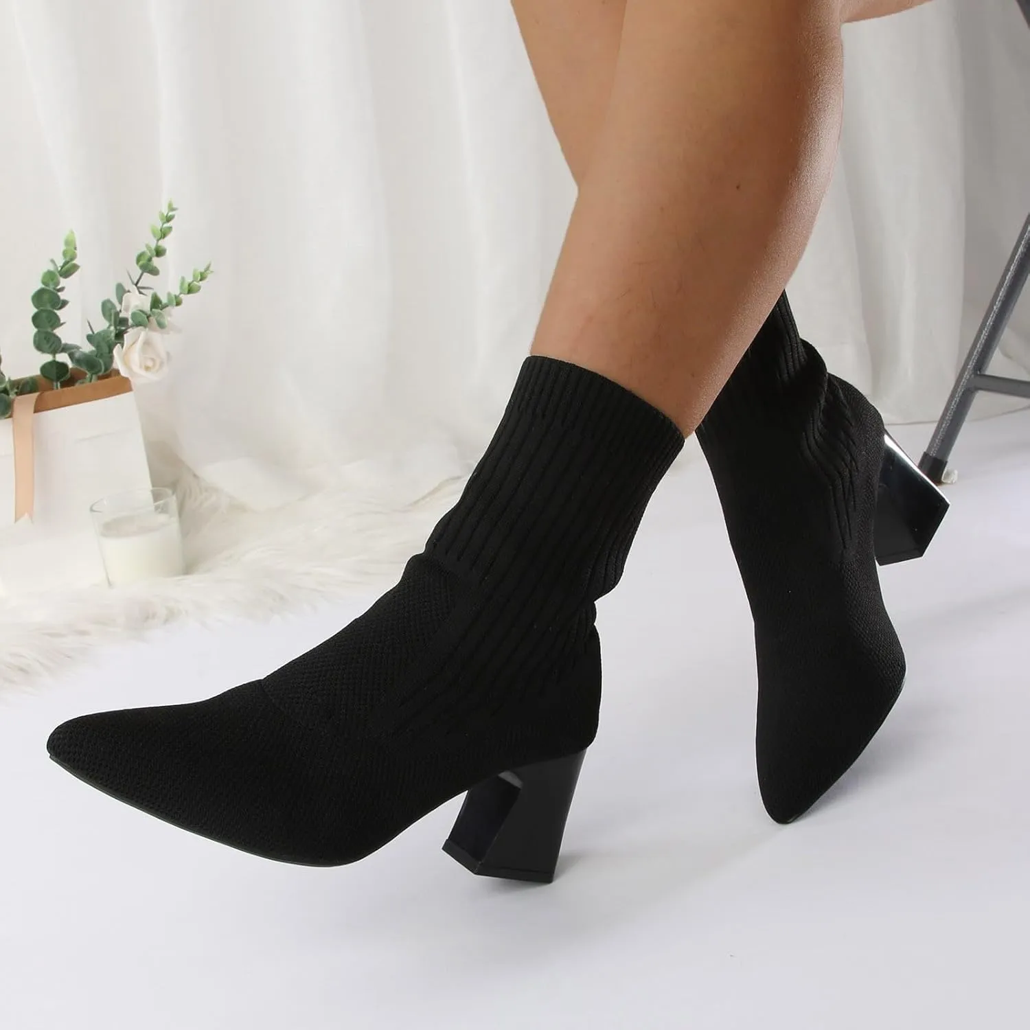 Womens Boots Solid Color Thick Heels Insulated Warm Boots for Women Knitted Elastic Soft Socks Fashion Boots
