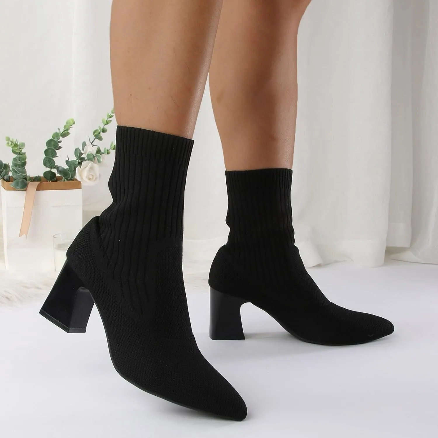 Womens Boots Solid Color Thick Heels Insulated Warm Boots for Women Knitted Elastic Soft Socks Fashion Boots