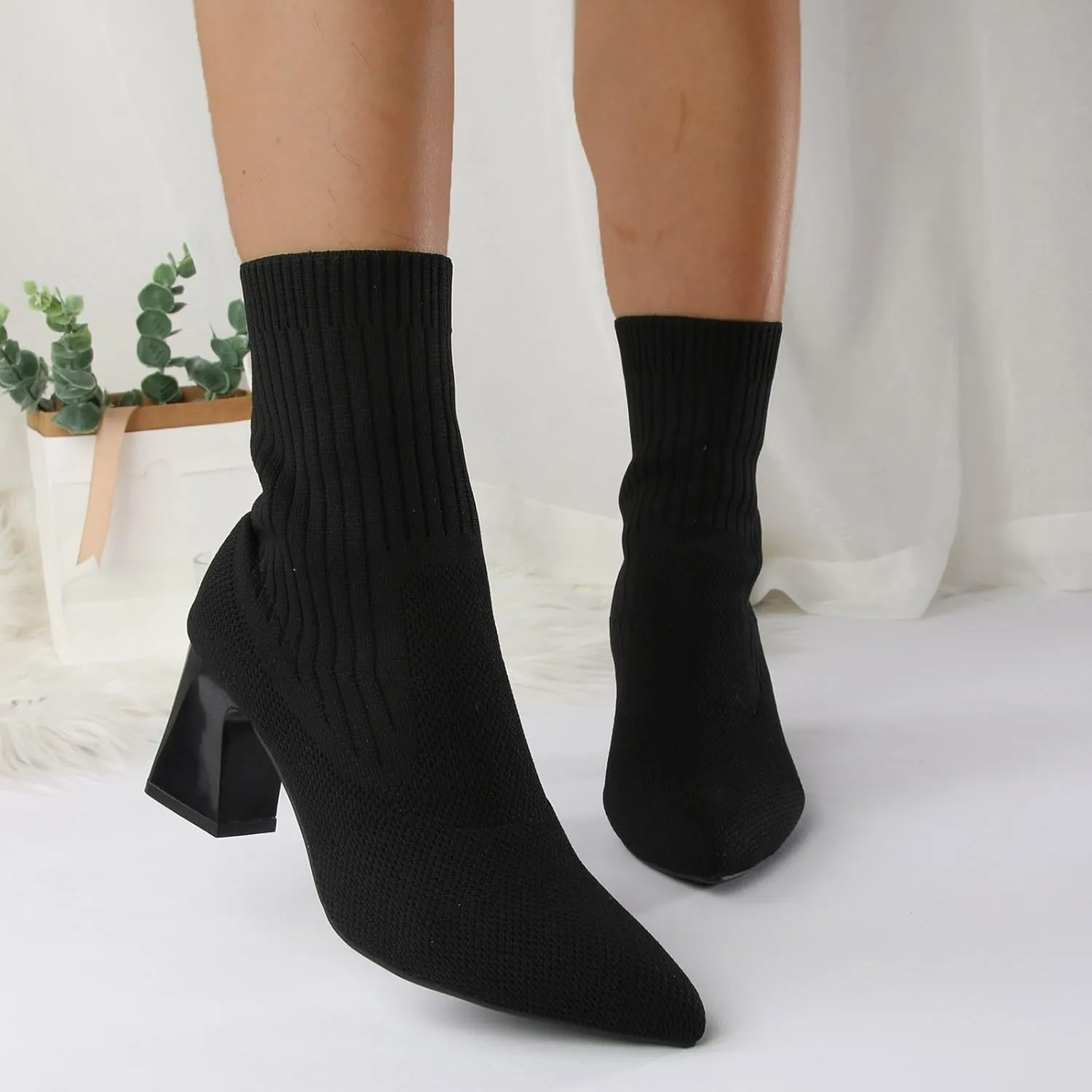 Womens Boots Solid Color Thick Heels Insulated Warm Boots for Women Knitted Elastic Soft Socks Fashion Boots