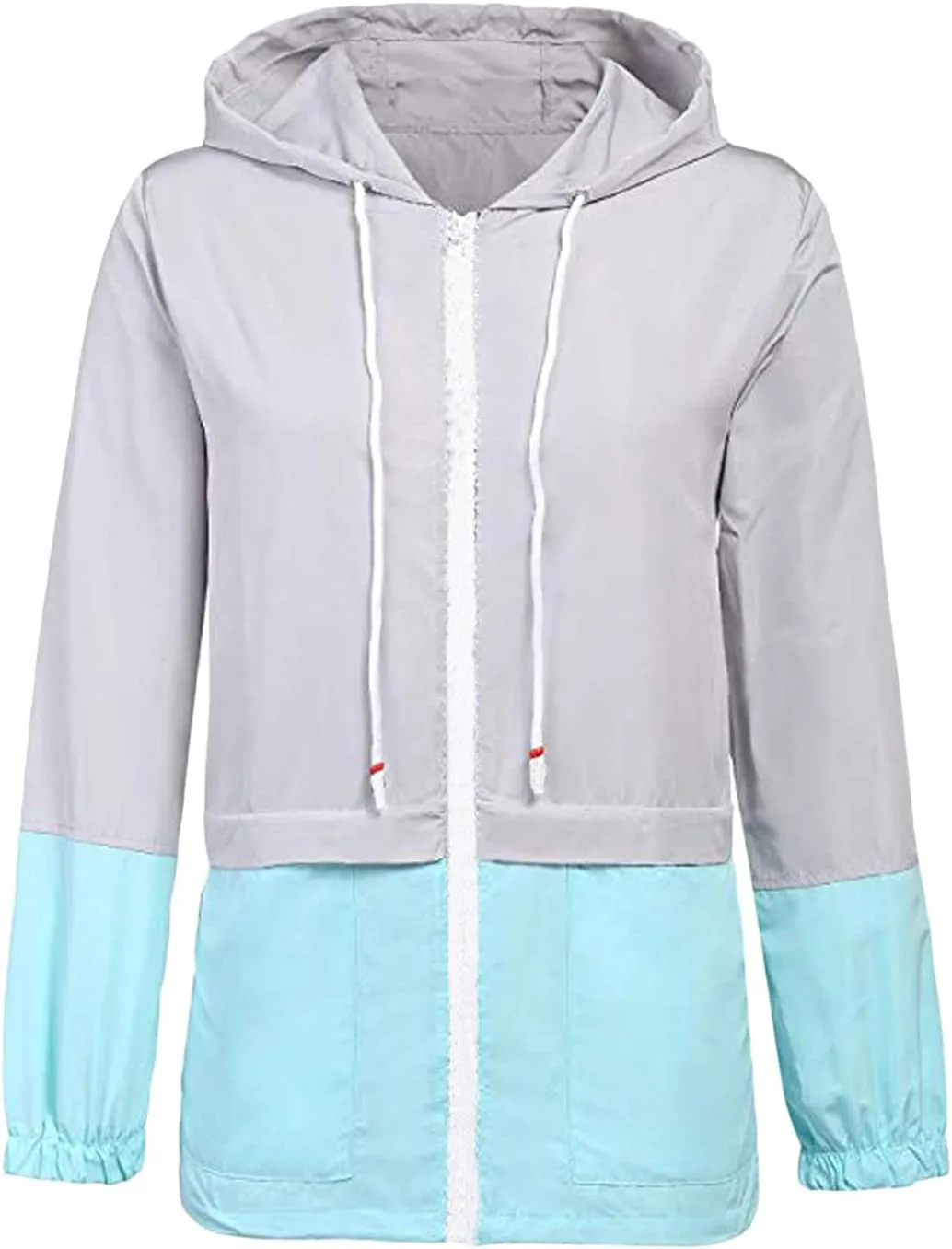 Women's Casual Waterproof Trench Coat Zip Up Lightweight Outwear Rain Jacket Solid Colorsplicing Drawstring Hooded