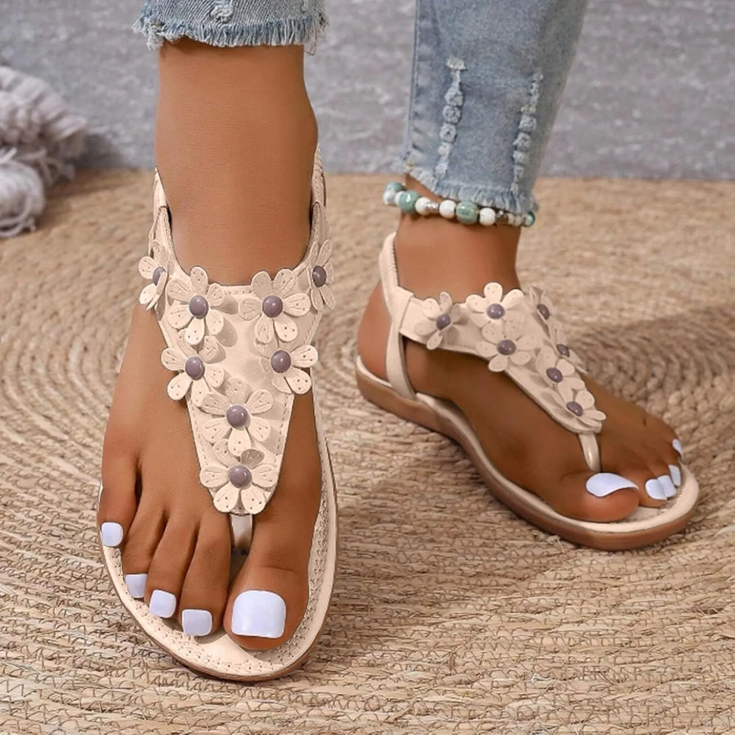 Women's Dressy Comfortable Walking Summer Flat Sandals Fashionable Bohemian Floral Flat Sandals Rope Sandals for Women Wide Width Walking Dress Shoes for Party Casual Beach Vacation