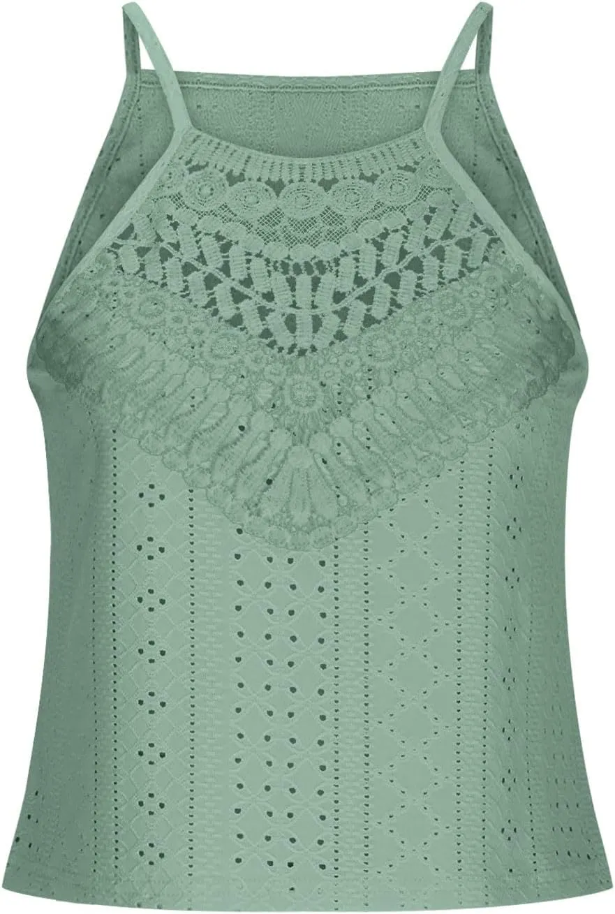 Womens Lace Eyelet Crop Tank Top Halter High Neck Sleeveless Casual Dressy Going Out Summer Tops Tees