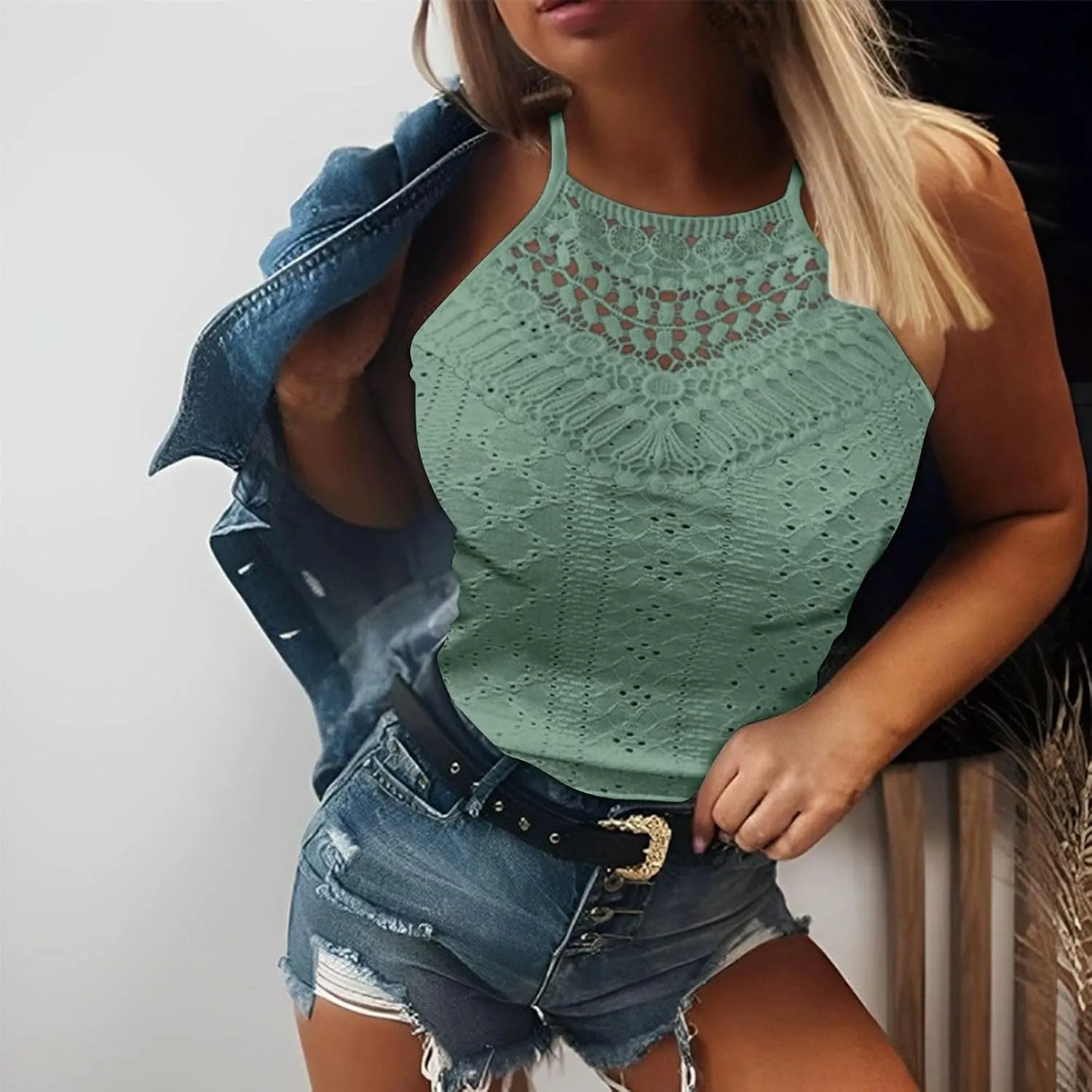 Womens Lace Eyelet Crop Tank Top Halter High Neck Sleeveless Casual Dressy Going Out Summer Tops Tees