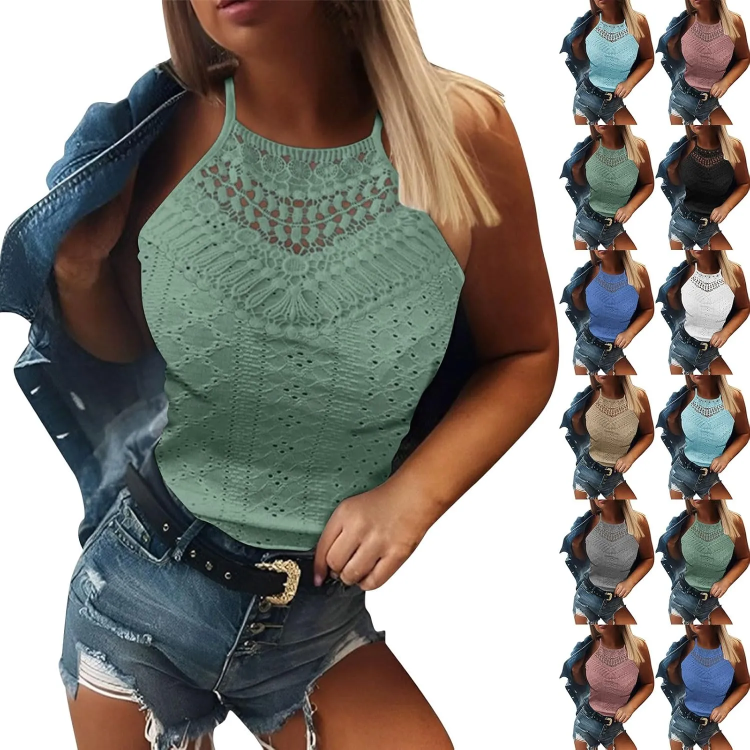Womens Lace Eyelet Crop Tank Top Halter High Neck Sleeveless Casual Dressy Going Out Summer Tops Tees