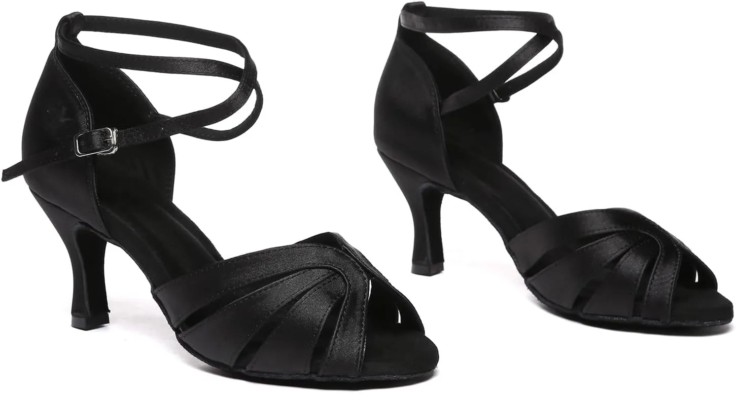 Women's Latin Dance Shoes Open Toe Satin Ballroom Salsa Tango Performance Dancing Practice Shoes