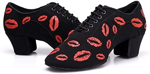 Women's Latin Dance Shoes Performance Ballroom Standard Adult Mid-Heeled Oxford Cloth Soft Sole Closed Toe Dancing Shoes
