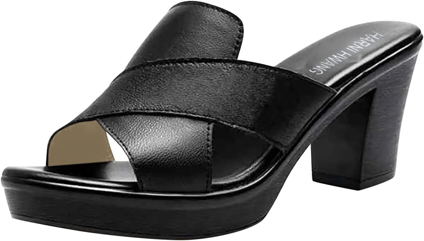 Women's Platform Sandals Open Toe Slip On High Chunky Heels Sandals Slingback Fish Mouth Mules Leather Cross Strap Dress Shoes