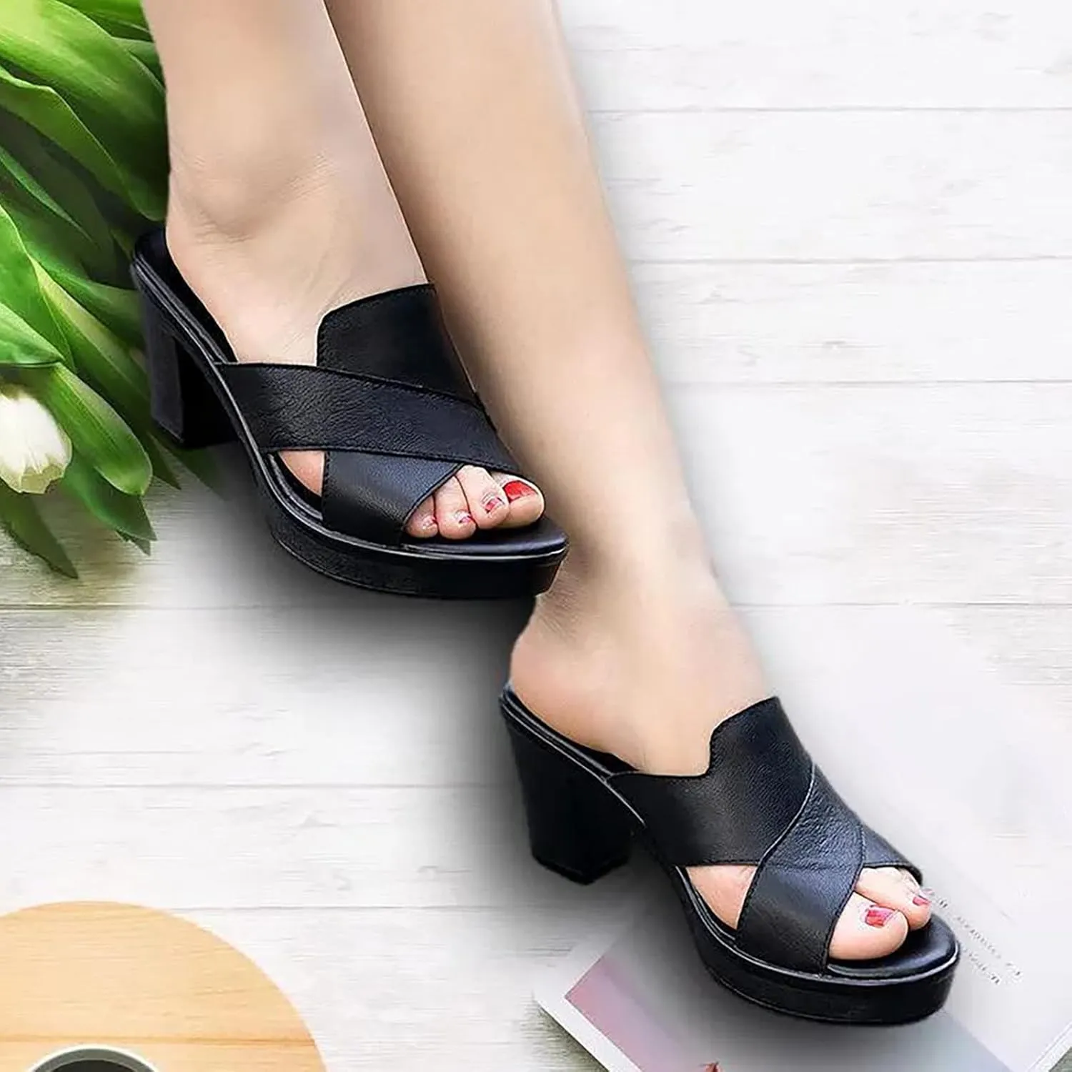 Women's Platform Sandals Open Toe Slip On High Chunky Heels Sandals Slingback Fish Mouth Mules Leather Cross Strap Dress Shoes