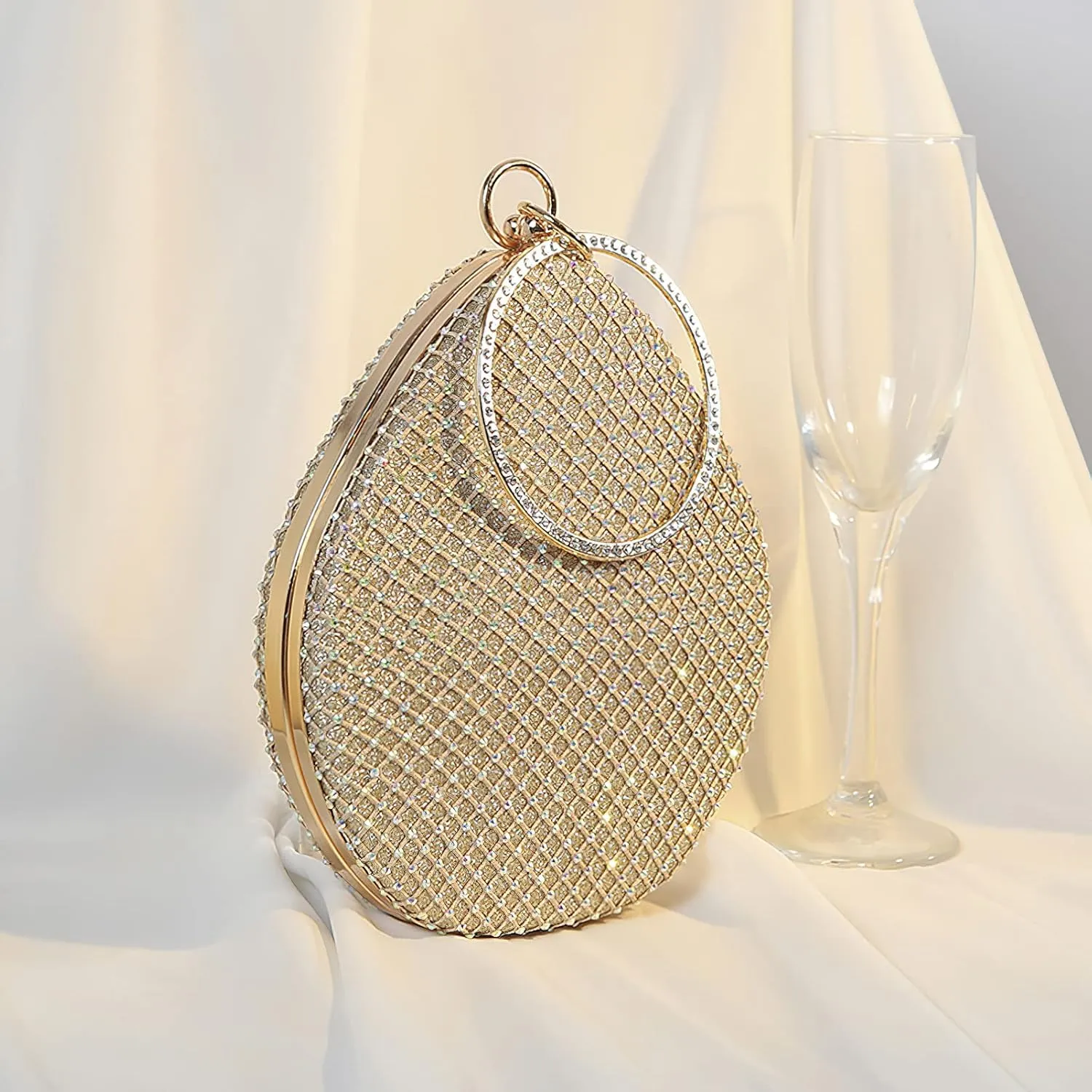 Women's Small Teardrop Shaped Rhinestone Clutch Purse Sparkly Evening Bag with Circle Handle for Weddings Party Proms
