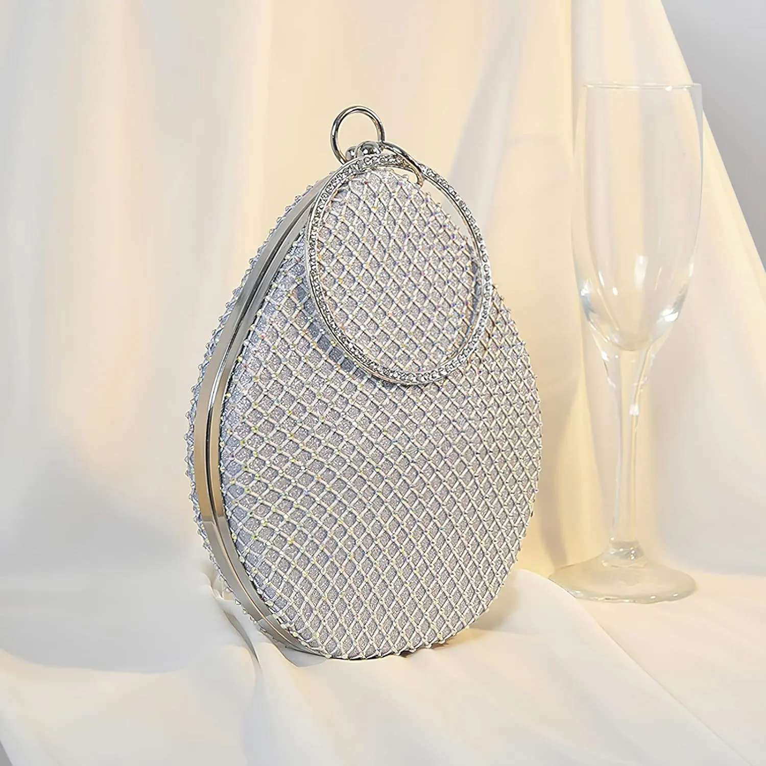 Women's Small Teardrop Shaped Rhinestone Clutch Purse Sparkly Evening Bag with Circle Handle for Weddings Party Proms